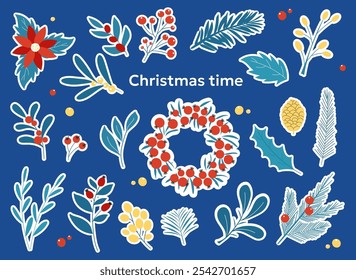 Handdrawn sticker set of winter plants, berries and wreath. Vector illustration