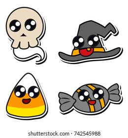 Hand-drawn stickers with cute halloween-themed creatures for children.