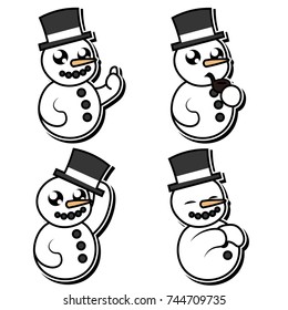 Hand-drawn stickers with cute snowmen for children.