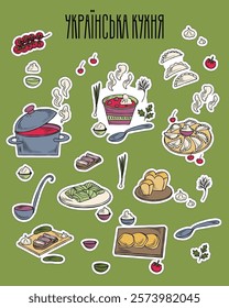 Hand-drawn stickers of Traditional Ukrainian cuisine. Borscht with sour cream, onion, parsley, dill, pampushky, tomatos, cucumber, salo, deruny, varenyky, holubtsi. Vector line drawing