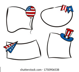 Hand-drawn stickers for USA Independence Day. Isolated labels by July 4th in national colors of the United States of America. Vector illustration for poster design in doodle style.