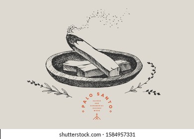 Hand-drawn sticks of the sacred wood of Palo Santo, steaming with aroma. Latin American incense for meditation. Vintage vector illustration.