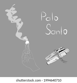 Hand-drawn sticks of the sacred wood of Palo Santo, steaming with aroma. Latin American incense for meditation. Vintage vector illustration with hand drawn text. white line art on grey background