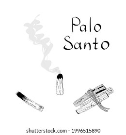 Hand-drawn sticks of the sacred wood of Palo Santo, steaming with aroma. Latin American incense for meditation. Vintage vector illustration with hand drawn text