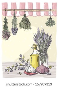 Hand-drawn still life with bindings herbs and olive oil with vegetables.