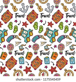 Hand-drawn Stock Travel Set Seamless Pattern Wallet Passport Suitcase Guitar Car Starfish Compass Wristwatch Air Ballon Vector Illustrations.