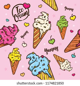 Hand-drawn Stock Yummy Cute Ice Cream Seamless Pattern Vector Illustrations. Design elements for your banner or poster.