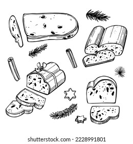 Hand-drawn stollen. Christmas cake with dried fruits. Vector sketch  illustration.