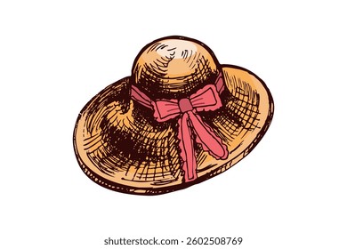Hand-drawn straw hat with ribbon in vintage summer style and warm colors