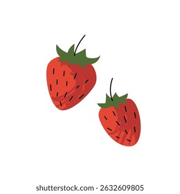Hand-drawn strawberries in a playful, minimalist style. Bright red bodies with green leafy tops and simple black seed lines. Perfect for food packaging, summer designs, or kids’ projects.