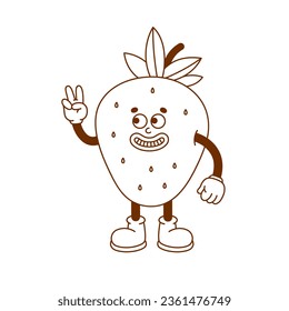 The hand-drawn strawberry retro character. Vector illustration in trendy retro cartoon style. Fruit, healthy food.