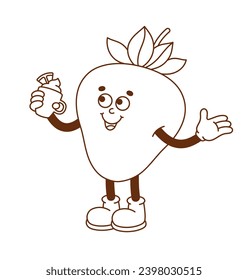 The hand-drawn strawberry retro character. Vector illustration in trendy retro cartoon style. Love, Valentine's Day.