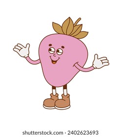 El carácter retro de fresa dibujado a mano. Ilustración vectorial en el estilo retro de caricatura de moda. Amor, Día de San Valentín.