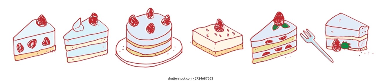 Conjunto de Vector de torta de fresa dibujado a mano