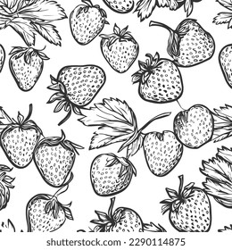 Hand-drawn strawberry tropical seamless pattern vector illustration with white background. high-detail strawberry vector. seamless fruit pattern