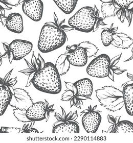 Hand-drawn strawberry tropical seamless pattern vector illustration with white background. high-detail strawberry vector. seamless fruit pattern
