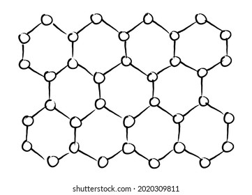 Hand-drawn structure of graphene lattice. Background with a honeycomb pattern.
