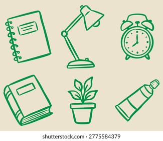 Hand-drawn study and workspace icons featuring a notebook, desk lamp, book, alarm clock, paint tube, and small potted plant doodles