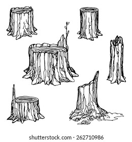 Hand-drawn stumps set isolated on white background.