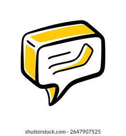 Uma bolha de fala 3D estilo desenhado à mão com um contorno preto arrojado, preenchido com amarelo e branco brilhantes. Ele contém duas simples linhas onduladas pretas no interior, sugerindo comunicação ou uma mensagem.