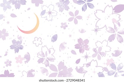 Fondo de estilo dibujado a mano de flores de cerezo nocturno, una luna creciente y un cielo estrellado
