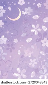 Fondo de estilo dibujado a mano de flores de cerezo nocturno, una luna creciente y un cielo estrellado