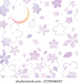 Handgezeichneter Hintergrund von Nachtkirschblüten, einem Halbmond und einem Sternenhimmel