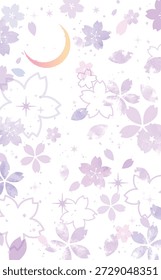 Fondo de estilo dibujado a mano de flores de cerezo nocturno, una luna creciente y un cielo estrellado