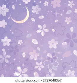 Fondo de estilo dibujado a mano de flores de cerezo nocturno, una luna creciente y un cielo estrellado