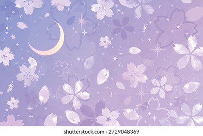 Fondo de estilo dibujado a mano de flores de cerezo nocturno, una luna creciente y un cielo estrellado