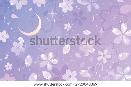 Hand-drawn style background of night cherry blossoms, a crescent moon, and a starry sky