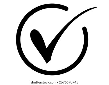 A handdrawn style black check mark inside a circular outline, signifying approval, verification, or a completed item, isolated on a transparent background