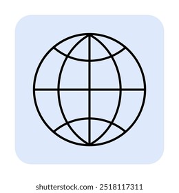 Hand-drawn style black globe outlined on a light blue square. Ideal for global communication, networking, technology, international business, and geography themes. Simple, modern design.