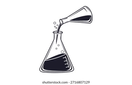 Hand-drawn style black and white vector illustration of a laboratory flask with liquid pouring. Ideal for chemistry, science experiments, education, laboratory research, medical, and scientific infographic designs.