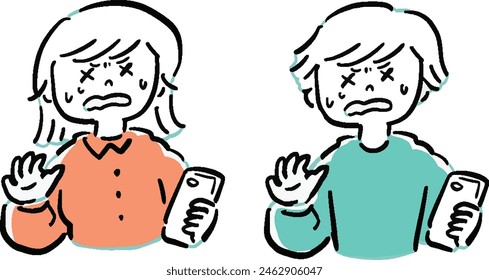 Hand-drawn style bust-up illustration set of a man and woman with troubled faces holding smartphones
