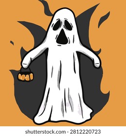 A hand-drawn style cartoon ghost wearing a white sheet with black hollow eyes and an open mouth. The ghost is holding a small orange pumpkin basket (Jack-o'-lantern) for trick-or-treating. It is set against a dark gray abstract shadow shape with a solid bright orange background.