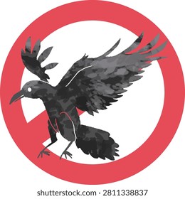 Hand-drawn style cartoon no crows sign icon. Prohibited or pest bird control concept.