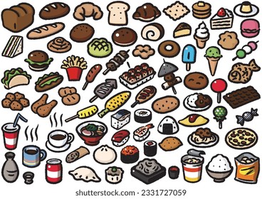Hand-drawn style comic part color set of various foods and dishes