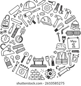 Hand-drawn style construction, labour tools and equipment doodle set