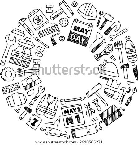 Hand-drawn style construction, labour tools and equipment doodle set