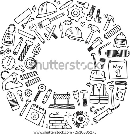 Hand-drawn style construction, labour tools and equipment doodle set