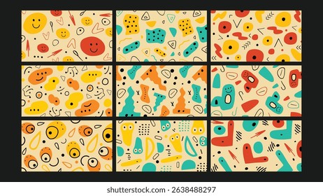 Hand-drawn style doodle artwork featuring happy faces, irregular forms, and cheerful vibrant colors. Great for backgrounds, wallpapers, and childrens illustrations.