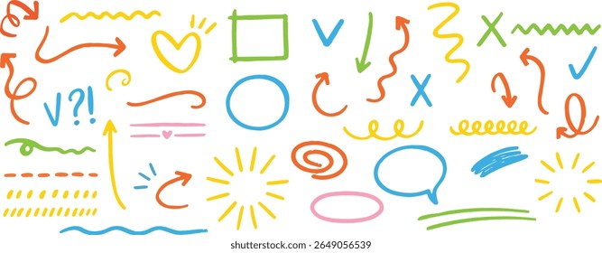 Hand-drawn style elements including arrows, underlines, marks, and decorative doodles. Perfect for presentations, journaling, teaching materials, and creative content design.