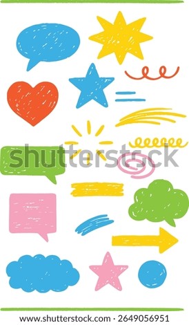 Hand-drawn style elements including arrows, underlines, marks, speech bubbles, and decorative symbols. Perfect for presentations, infographics, teaching materials, and creative content design.