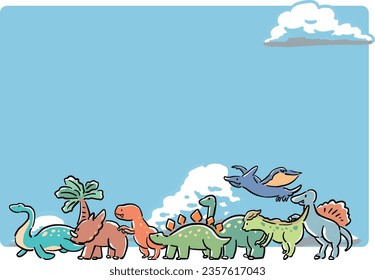  Hand-drawn style frame illustration of dinosaurs, blue sky and clouds