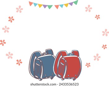 Hand-drawn style frame illustration of flowers, garland, and school bag
