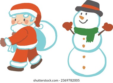 Hand-drawn style full body deformation Santa Claus and snowman illustration set
