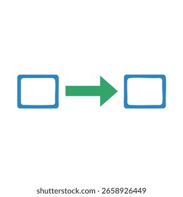 A hand-drawn style graphic featuring two blue rectangular frames and a central green arrow indicating direction from left to right.