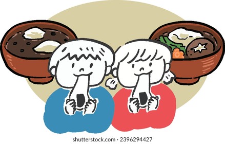 Hand-drawn style illustration of boy and girl eating mochi, ozoni and oshiruko
