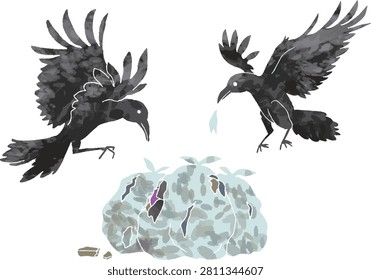 Hand-drawn style illustration of a crow pecking and tearing open a plastic garbage bag for waste management.
